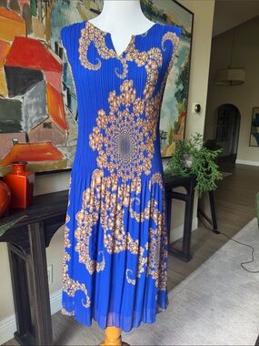 Royal Blue Midi Dress with Gold Baroque Print